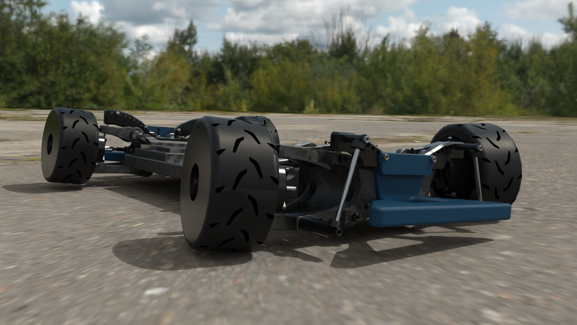 Concept visualization of a bodyless four-hub-motor RC car chassis on an engineering workbench